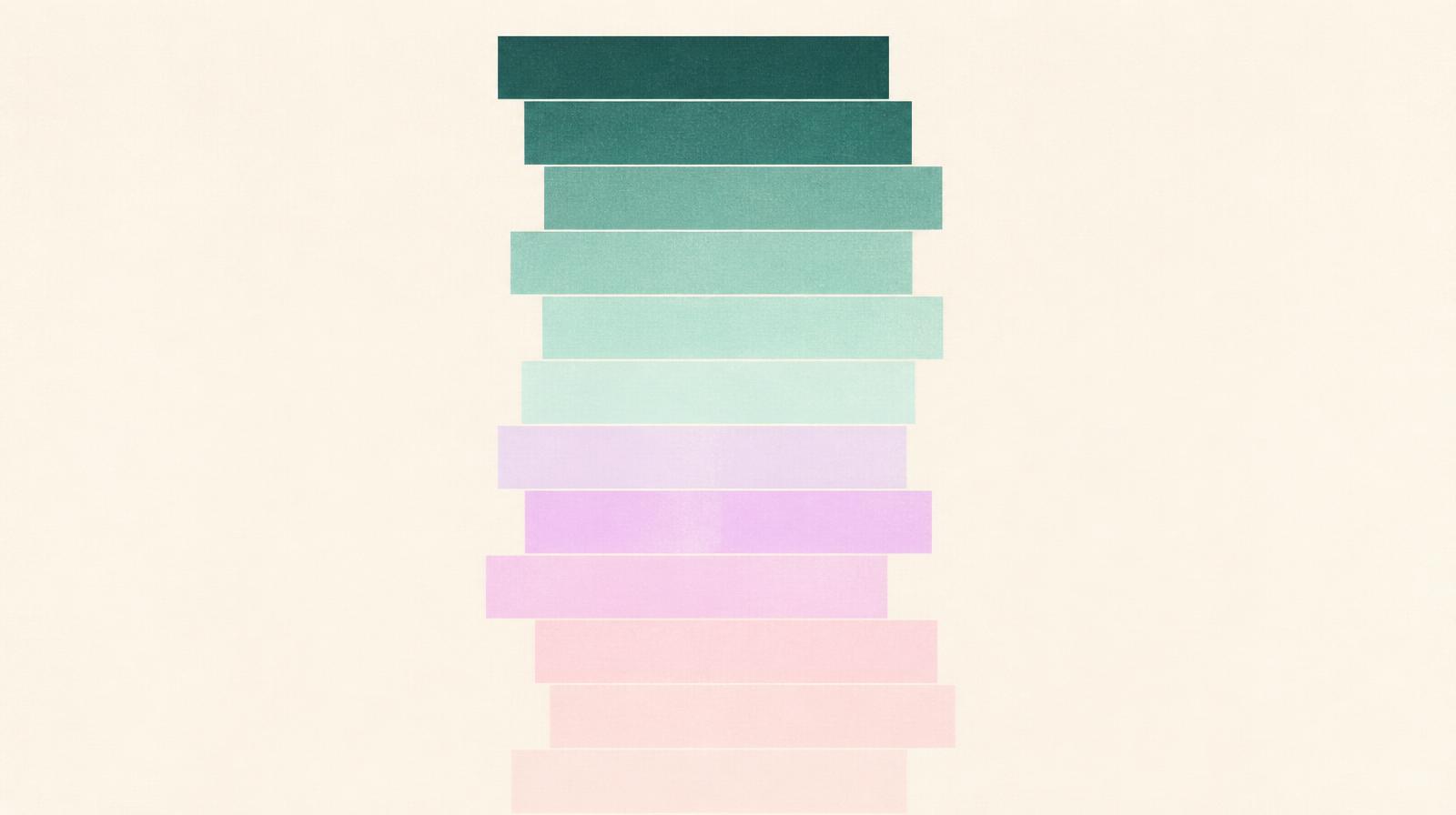 Editorial illustration for a Resonance Insights article on versioning multilingual campaigns at scale without losing brand voice: a vertical ladder of stacked rectangular blocks on cream paper, shifting in hue from deep teal at the top down through mint, lavender and blush at the base.