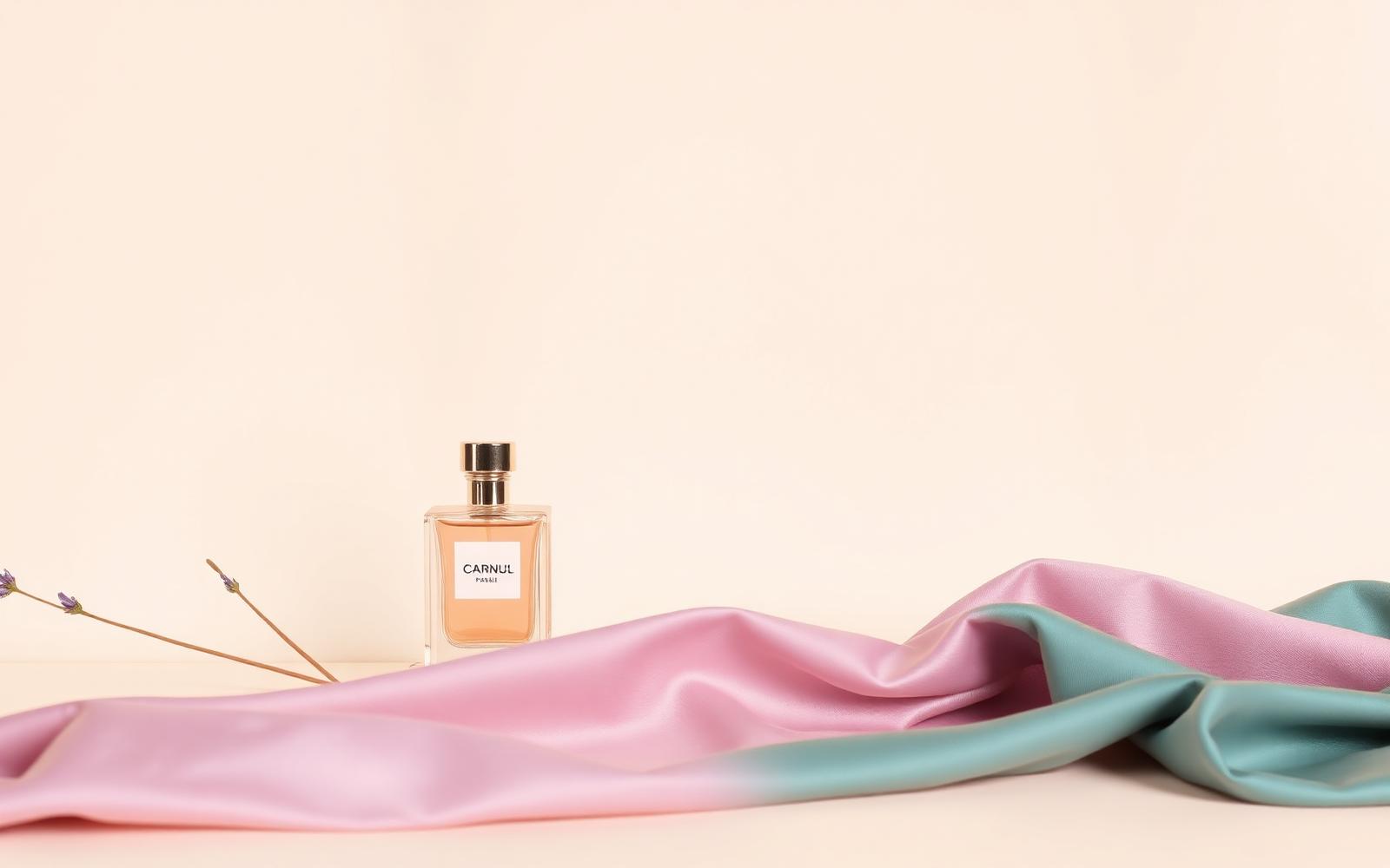 Editorial still life of perfume and draped silk in blush and teal