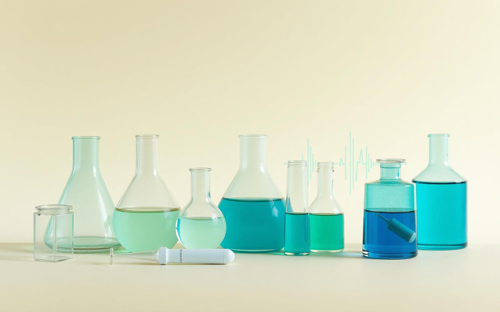 Laboratory glass vials in mint and teal with a sound wave motif